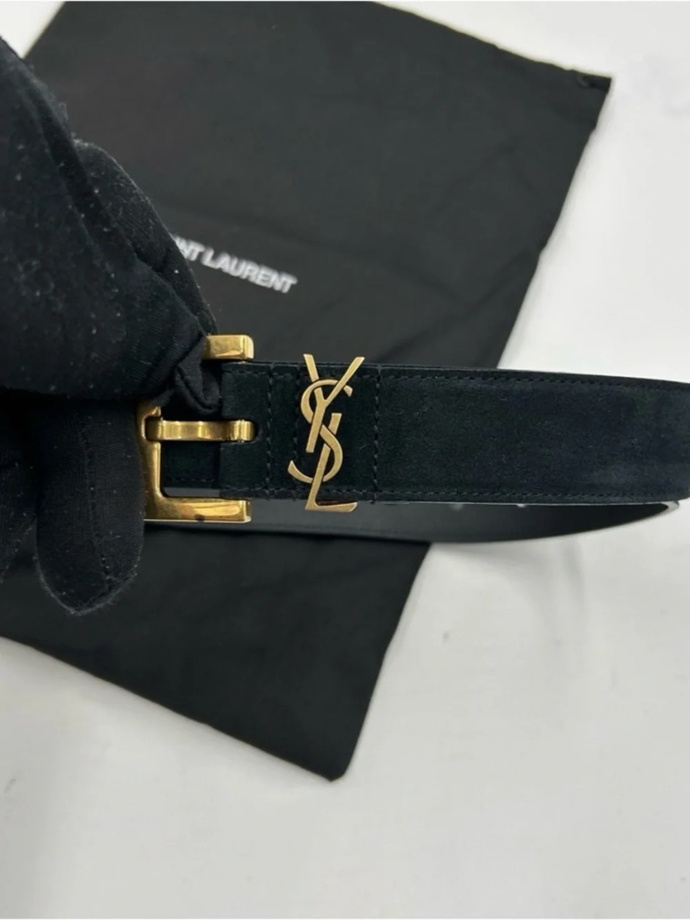Women's Saint Laurent Black Suede Belt with Gold YSL Logo 80/32 inches